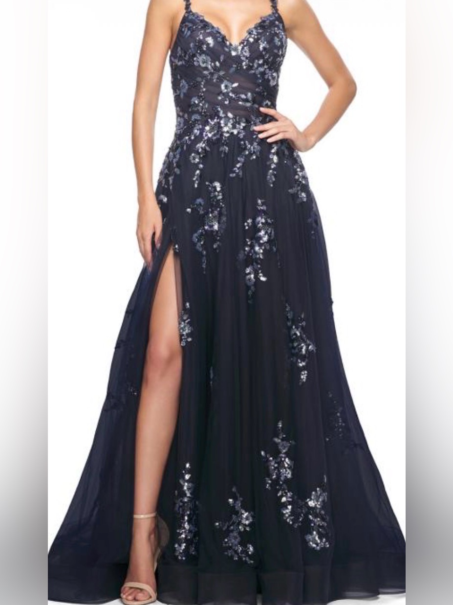 La Femme Navy Blue Floral Sequin Prom Gown With High Slit